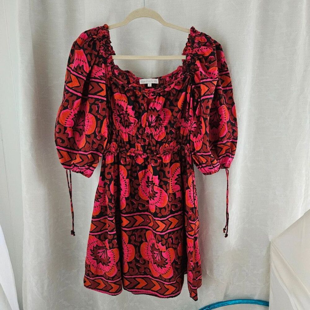 House of Harlow 1960 Cotton Smocked Mini Dress Pink Red Floral Puff Sleeve M